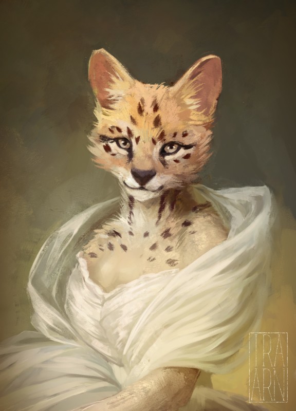 anthro biped black_nose brown_background clothed clothing dress female fur inner_ear_fluff looking_at_viewer markings simple_background solo spots spotted_body spotted_fur tuft ira-arn felid feline mammal serval 2019 absurd_res digital_media_(artwork) half-length_portrait hi_res portrait