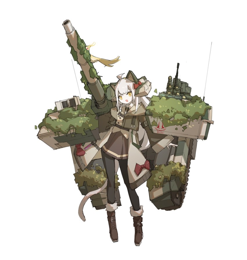 armed armor boots bottomwear brown_clothing cannon clothed clothing coat cropped_jacket dress_shirt female footwear fully_clothed gun legwear machine machine_gun mecha_musume moss necktie not_furry oversized_sleeves pauldron personification plant purple_eyes ranged_weapon shadow shirt shoes shoulder_cannon simple_background skinsuit skirt solo stockings tail tank tank_treads tight_clothing topwear vehicle weapon white_background frider animal_humanoid felid felid_humanoid humanoid mammal mammal_humanoid digital_media_(artwork) full-length_portrait portrait shaded