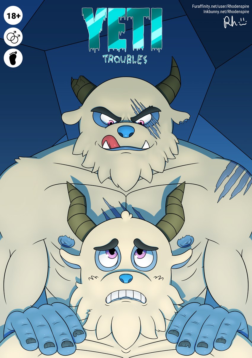 anthro beard blue_background blue_body blue_nipples blue_skin broken_horn broken_nails brown_horn colored_nails duo evil_grin facial_hair frown frown_eyebrows fur grey_nails hands_on_shoulders horn humanoid_hands licking looking_at_another looking_down looking_up male male/male muscular muscular_anthro muscular_male nails nipples pink_eyes ribs scar shadow sharp_teeth simple_background smile teeth text tongue tongue_out tusks white_beard white_body white_facial_hair white_fur rhodenspire activision spyro_the_dragon bentley_(spyro) rocco_the_yeti yeti 2018 absurd_res cover cover_art cover_page english_text half-length_portrait hi_res portrait signature