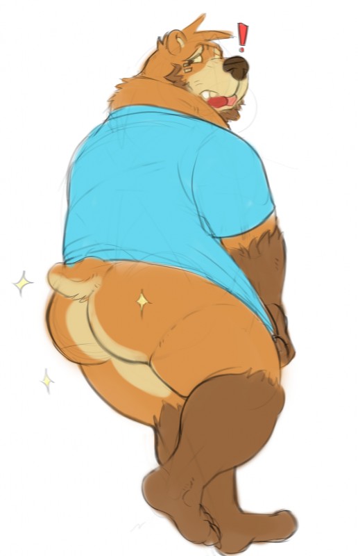 anthro bottomless brown_body brown_fur butt clothed clothing embarrassed fur male mooning overweight overweight_anthro overweight_male simple_background solo white_background chibsarts horrorbuns chibear bear mammal hi_res