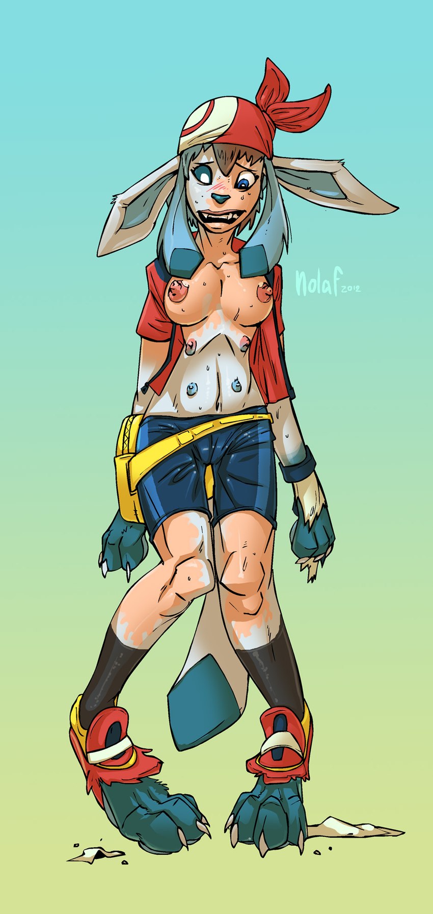 anthro bag biped blue_eyes blue_sclera bodily_fluids bottomwear breasts camel_toe clothing digitigrade female gradient_background headscarf heterochromia multi_nipple nipples open_mouth scared shorts simple_background solo species_transformation standing sweat torn_clothing transformation white_eyes nolaf nintendo pokemon may_(pokemon) pokemon_trainer eeveelution generation_4_pokemon glaceon pokemon_(species) 2012 hi_res