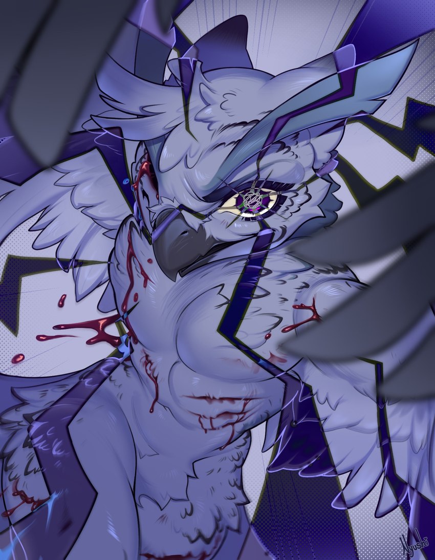action_pose action_scene anthro beak blood bodily_fluids effects eyebrows feathered_wings feathers looking_at_viewer male pose solo wings wounded nyushi avian bird horned_owl owl snowy_owl true_owl hi_res