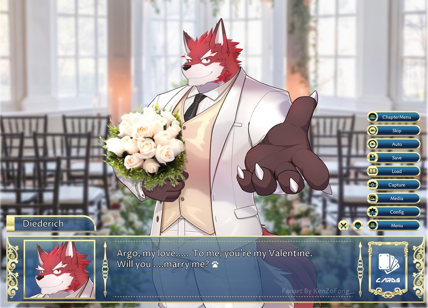 anthro black_necktie chair claws clothing flower furniture gesture hand_gesture holidays male necktie plant solo suit tail text white_clothing white_flower white_suit kenzofong knights_college valentine's_day diederich_olsen canid canine fox mammal 2022 absurd_res english_text hi_res