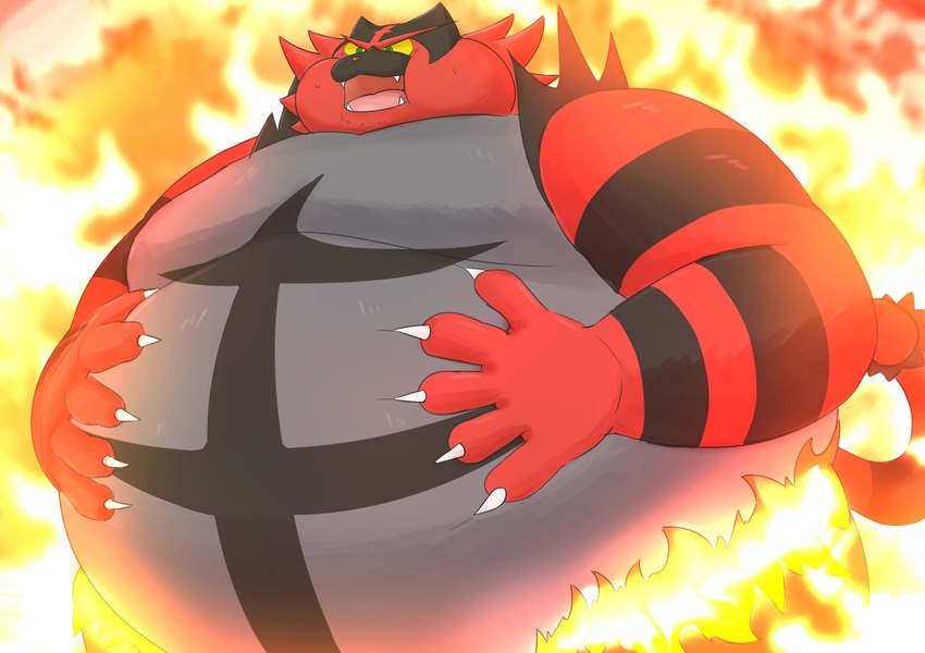 anthro belly big_belly claws fangs finger_claws fire fur green_eyes grey_body grey_fur hand_on_belly heavy inflation male morbidly_obese morbidly_obese_anthro morbidly_obese_male obese obese_anthro obese_male overweight overweight_anthro overweight_male red_body red_fur solo teeth weight_gain yellow_sclera marumu_5656 nintendo pokemon felid feline generation_7_pokemon incineroar mammal pokemon_(species) hi_res shaded