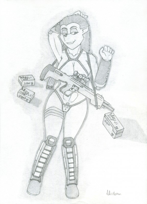 abs ammo_boxes anthro areola areola_slip armor athletic athletic_anthro athletic_female big_breasts boots breasts clothed clothing female footwear gun hair looking_at_viewer lying on_back partially_clothed pencil_sketch pubes ranged_weapon scope shoes smile solo underwear weapon wraps aarifleman lobar ka_sarra mammal porcupine rodent absurd_res hi_res line_art monochrome shaded traditional_media_(artwork)