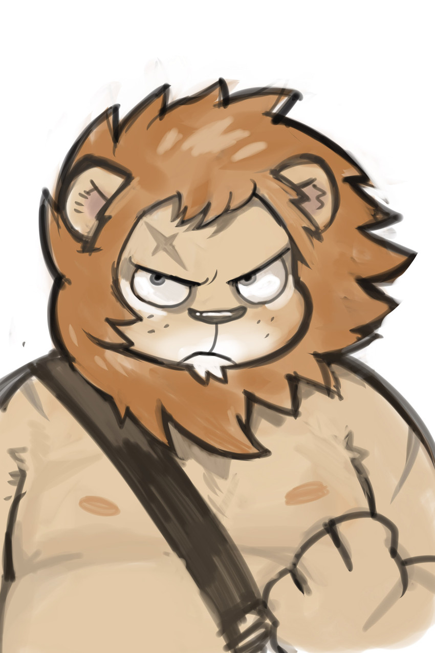 anthro belly brown_body brown_fur fur kemono male nipples overweight overweight_anthro overweight_male scar simple_background solo white_background kita_9999 felid lion mammal pantherine 2013 2:3 hi_res