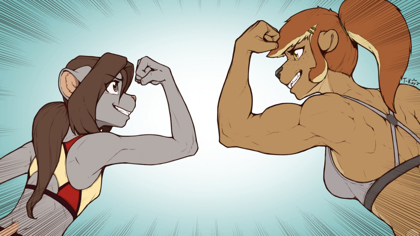 anthro back_muscles biceps bra breast_size_difference breasts brown_hair clothing competition countershading duo female flexing grin hair muscular muscular_female ponytail smile sports_bra teeth underwear t-kay cinn_delafontaine sam_rodoric beaver mammal mouse murid murine rodent 16:9 digital_media_(artwork) widescreen