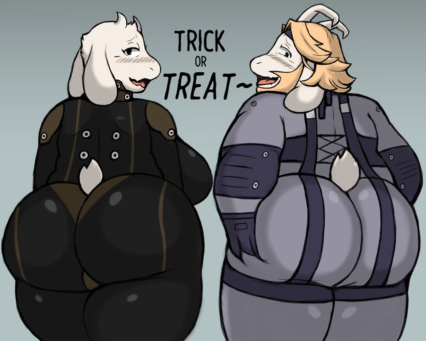 anthro big_breasts big_butt blonde_hair blush breasts butt clothing cosplay crossover_cosplay duo female fur hair holidays horn huge_breasts huge_butt looking_back male open_mouth smile tail tight_clothing white_body white_fur smush-sin halloween konami metal_gear undertale_(series) asgore_dreemurr solid_snake toriel boss_monster_(undertale) bovid caprine goat mammal 2023 crossover hi_res