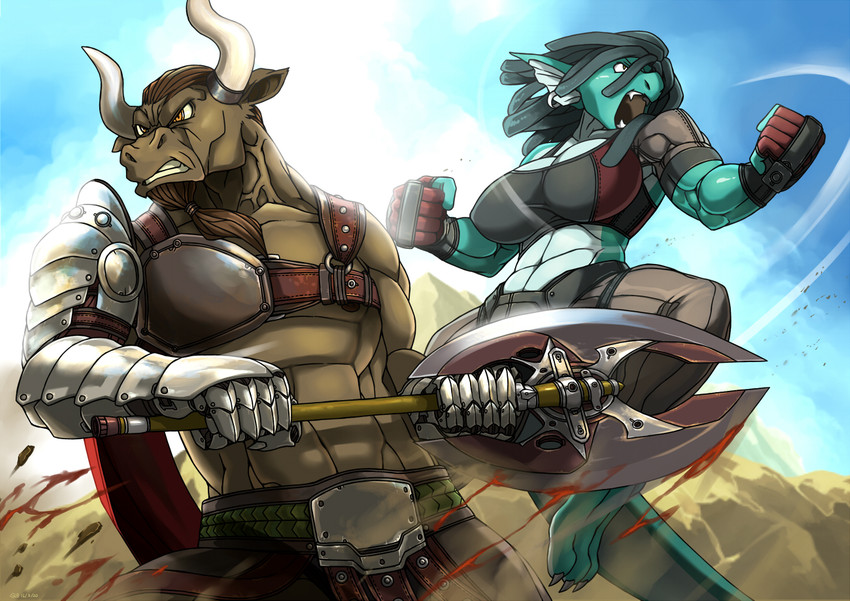 anthro armor axe black_hair blood blue_body bodily_fluids breasts brown_body brown_fur brown_hair claws clenched_teeth clothed clothing cloves detailed_background duo ear_piercing ear_ring fangs female fur hair holding_object holding_weapon horn male melee_weapon multicolored_body muscular muscular_anthro muscular_female muscular_male nipple_outline open_mouth partially_clothed piercing ring_piercing tail teeth two_tone_body vein veiny_muscles weapon white_body link2004 european_mythology greek_mythology mythology bovid bovine dragon mammal minotaur mythological_creature mythological_scalie scalie