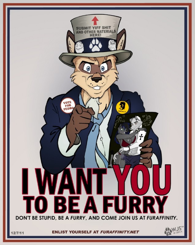 anthro blue_eyes bodily_fluids breasts brown_body brown_fur cleavage clothed clothing copyright_symbol erection female fur genital_fluids genitals handjob humor male mascot necktie penile penis pornography precum sex solo symbol text united_states_of_america wolfjedisamuel furaffinity i_want_you fender uncle_sam canid canine domestic_ferret fox hybrid mammal mustelid musteline true_musteline weasel 2011 english_text lol_comments meme url