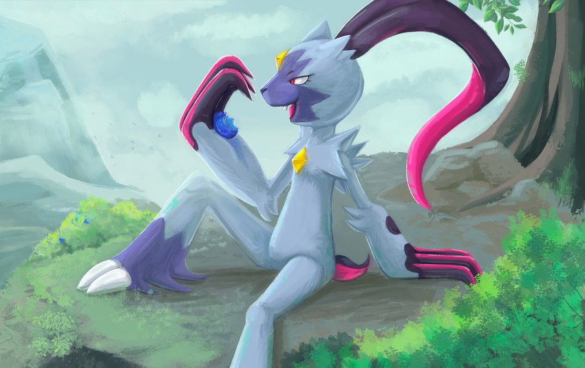 ambiguous_gender eating eating_food food fruit landscape_background mountain oran_berry plant pokemon_berry sitting solo tree thecatherd nintendo pokemon generation_8_pokemon pokemon_(species) sneasler absurd_res digital_media_(artwork) digital_painting_(artwork) hi_res