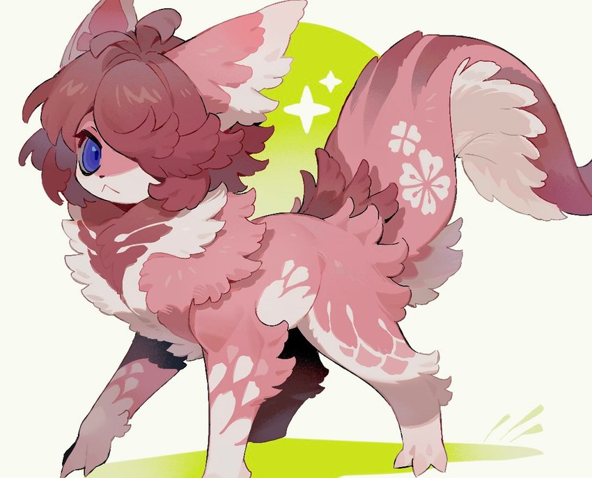 3_toes all_fours blue_eyes feet feral fur hair hair_over_eye multicolored_body multicolored_fur pink_body pink_fur pink_hair simple_background solo sparkles standing tail toes two_tone_body two_tone_fur white_body white_fur bulbul_bei 2025