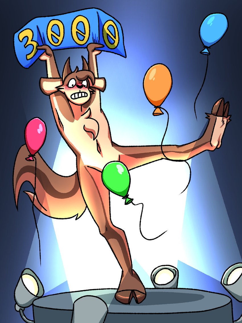 anthro balloon blue_balloon blush blush_lines brown_body brown_fur cheek_tuft chest_tuft clenched_teeth convenient_censorship embarrassed facial_tuft feet floppy_ears fluffy fluffy_tail fur green_balloon head_tuft holding_object holding_sign hooves horn inflatable looking_down male milestone multicolored_body multicolored_fur navel nude number on_one_leg orange_balloon pink_balloon plantigrade platform raised_arms raised_leg sign simple_background solo spotlight standing string tail teeth tuft two_tone_body two_tone_fur two_tone_tail deerkid capri_(deerkid) bovid caprine goat mammal 2023 3:4 absurd_res digital_drawing_(artwork) digital_media_(artwork) hi_res