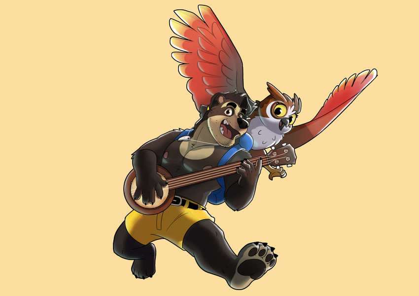 anthro banjo_(instrument) black_body black_fur black_nose cosplay duo fur humanoid_hands male musical_instrument nipples plucked_string_instrument simple_background string_instrument dinonugget_bird banjo-kazooie rareware banjo_(banjo-kazooie) uku avian bear mammal short-faced_bear spectacled_bear 2020 absurd_res hi_res