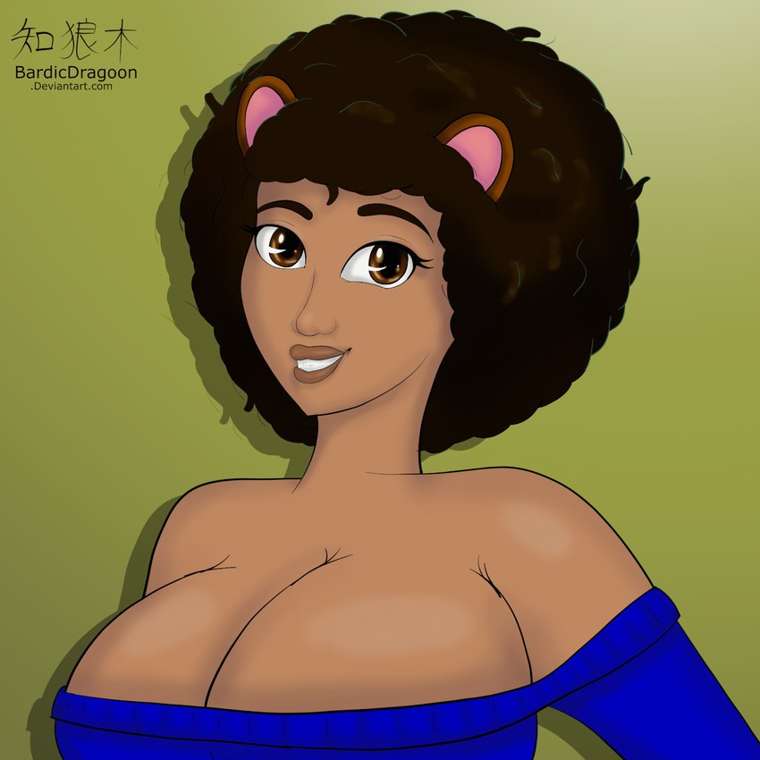 afro big_breasts breasts cleavage clothed clothing female smile solo text bardicdragoon flo_fontaine animal_humanoid canid canid_humanoid canine canine_humanoid humanoid mammal mammal_humanoid tanuki_humanoid 1:1 bust_portrait hi_res portrait url