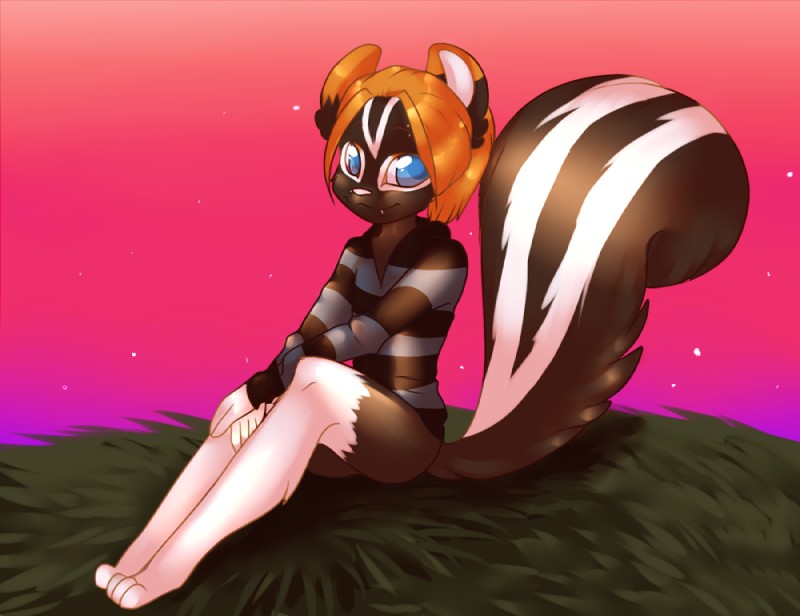 anthro blue_eyes bottomless clothed clothing grass hoodie male plant smile solo tail topwear young young_anthro young_male mascaramassacre tokeli mammal mephitid skunk striped_skunk