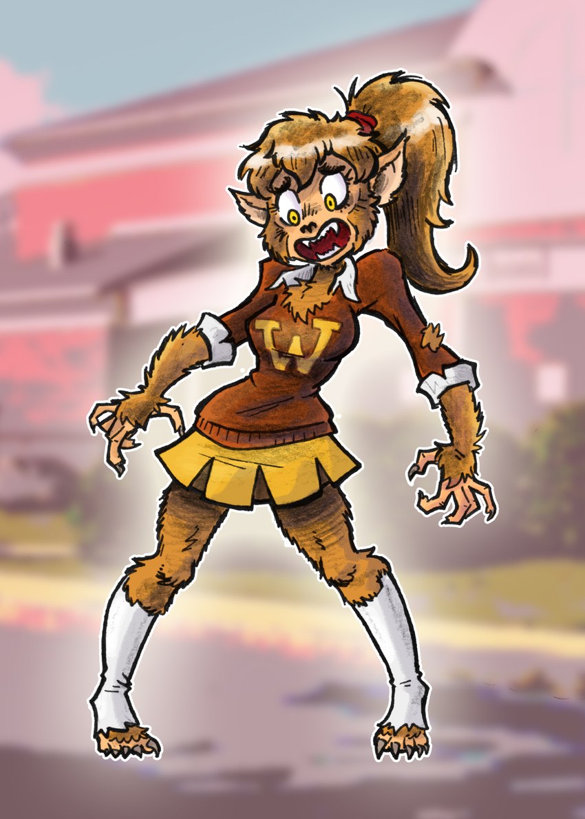 anthro bottomwear breasts brown_body brown_fur clothing female fur hair open_mouth pigeon_toed ponytail shocked simple_background skirt solo standing sweater topwear torn_clothing transformation yellow_eyes mr-dna mythology teen_wolf pamela_wells canid canine mammal mythological_canine mythological_creature werecanid werecanine werecreature werewolf 2018 hi_res