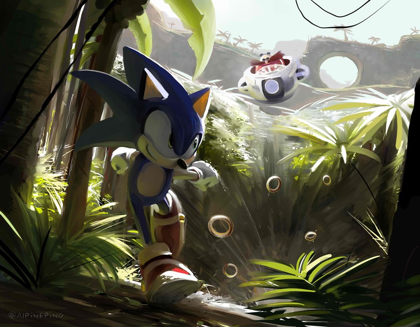 anthro big_mustache blue_body blue_fur chasing clothing duo egg_mobile facial_hair flying footwear forest fur gloves grin handwear leaf light male mustache nature outside plant ring_(sonic) running shoes smile sneakers sunlight tree alpineping sega sonic_the_hedgehog_(series) dr._eggman sonic_the_hedgehog eulipotyphlan hedgehog human mammal absurd_res hi_res