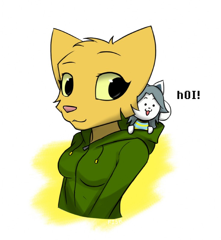 anthro clothing duo female fur grey_hair hair happy hoodie simple_background smile text topwear white_body white_fur yellow_body yellow_fur sharkcatsg microsoft prequel_adventure the_elder_scrolls undertale undertale_(series) katia_managan temmie_(undertale) canid canine felid khajiit mammal tem 2015 crossover digital_media_(artwork) hi_res