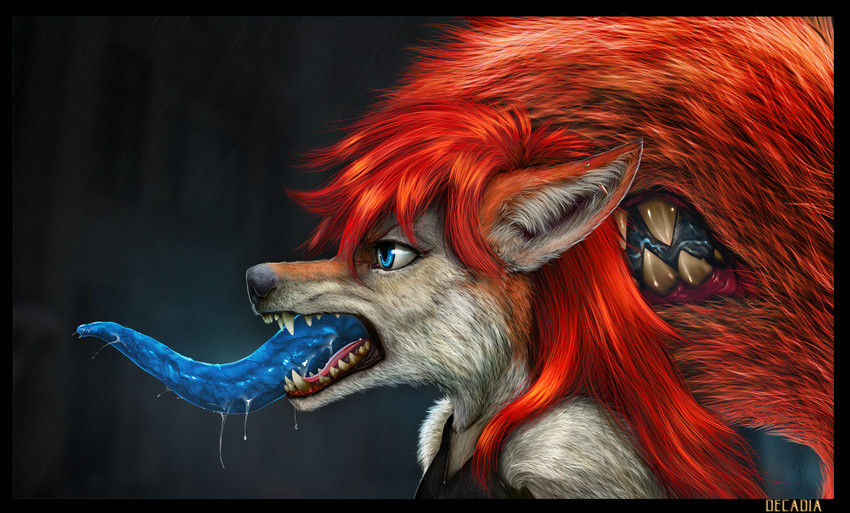 anthro bared_teeth blue_eyes bodily_fluids drooling ear_piercing female fur inner_ear_fluff perspective_shot piercing realistic realistic_fur red_body red_fur saliva side_view solo tail tail_mouth teeth teeth_showing tongue tongue_out tuft unusual_anatomy unusual_tail decadia legend_of_ahya ahya_(legend_of_ahya) taylor_renee_wolford_(darkflamewolf) canid canine canis mammal wolf bust_portrait hi_res portrait