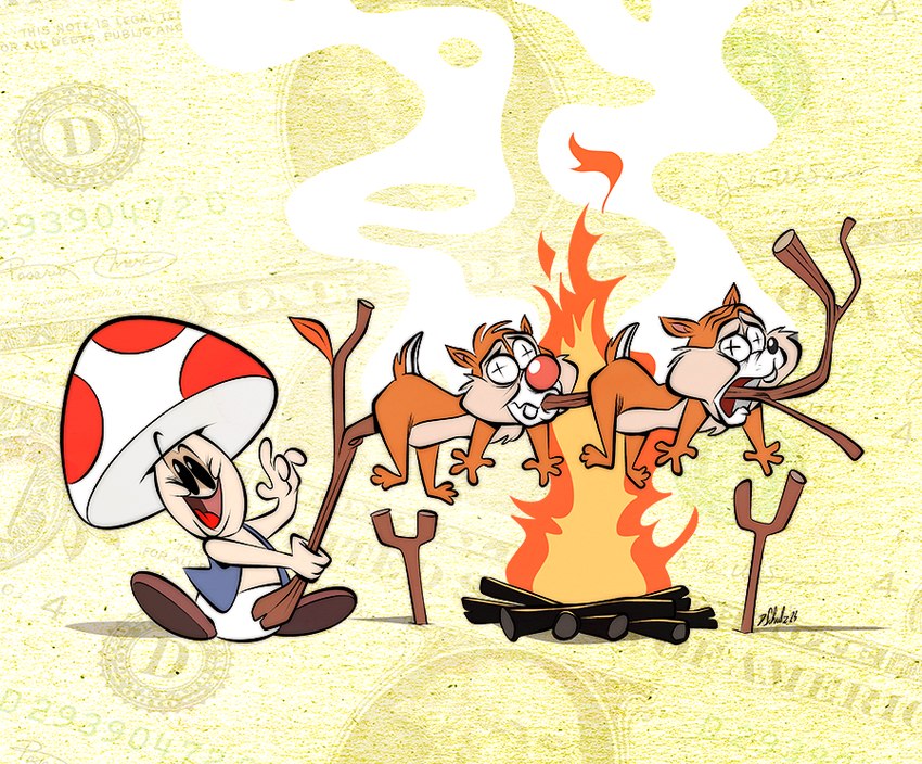 ambiguous_gender campfire cooking_with_furs death group male roasting stick what where_is_your_god_now why themrock disney mario_bros nintendo chip_(disney) dale_(disney) chipmunk ground_squirrel mammal rodent sciurid toad_(mario) 2023 crossover