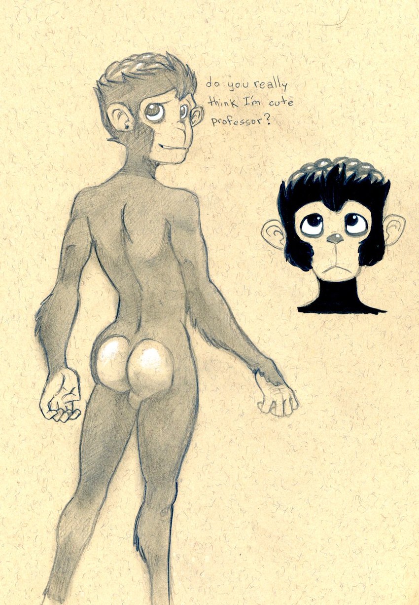 anthro backsack balls butt dialogue genitals looking_back male nervous_smile nude question rear_view solo standing tailless talking_to_viewer text tush_(artist) cartoon_network powerpuff_girls mojo_jojo haplorhine mammal monkey primate english_text hi_res