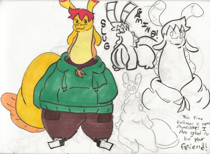 antennae_(anatomy) anthro bangs bottom_heavy bowl_cut clothing feral hoodie long_neck male nude overweight simple_background solo tail text thick_tail topwear mett_(artist) herbert_(slugrancher) banana_slug gastropod mollusk slug 2024 absurd_res english_text hi_res model_sheet reference_image sketch traditional_media_(artwork)