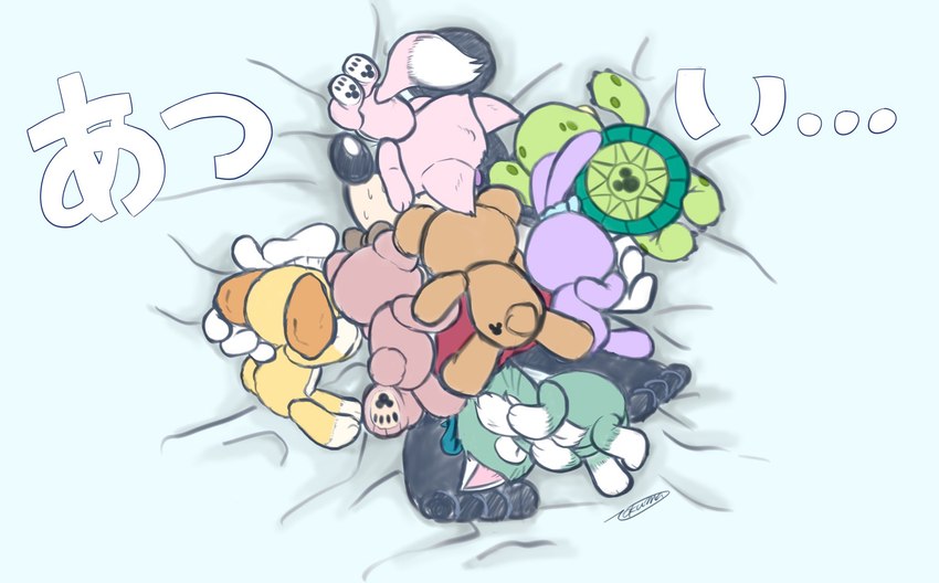 anthro bed bodily_fluids brown_body brown_fur butt butt_markings cotton_tail feet fur furniture green_body green_fur lying lying_on_bed markings on_back on_bed on_front on_side pawpads paws pink_body pink_fur plushie purple_body purple_fur sleeping sweat sweatdrop tail text yellow_body yellow_fur young young_anthro nokuma disney duffy_and_friends 'olu_mel cookieann duffy_the_disney_bear gelatoni linabell mickey_mouse shelliemay stellalou animate_inanimate bear canid canine canis domestic_cat domestic_dog felid feline felis fox lagomorph leporid living_plushie mammal mouse murid murine rabbit reptile rodent scalie sea_turtle turtle hi_res japanese_text