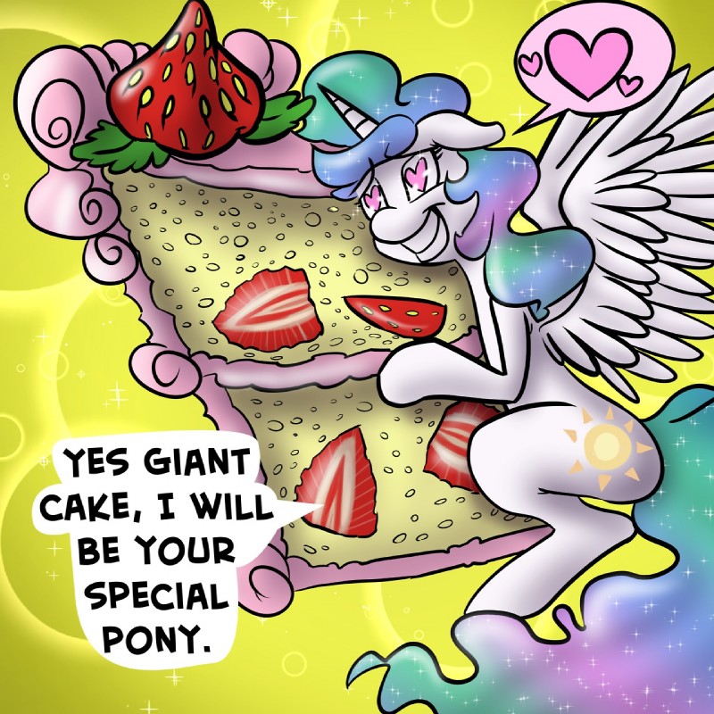 abstract_background cake cutie_mark dessert dialogue feathered_wings feathers female feral food fruit fur hair heart_symbol horn hug love multicolored_hair open_mouth plant simple_background smile solo spread_wings strawberry sun text toony white_body white_feathers white_fur wings fauxsquared friendship_is_magic hasbro my_little_pony mythology princess_celestia_(mlp) equid equine mammal mythological_creature mythological_equine winged_unicorn 1:1 english_text hi_res shaded