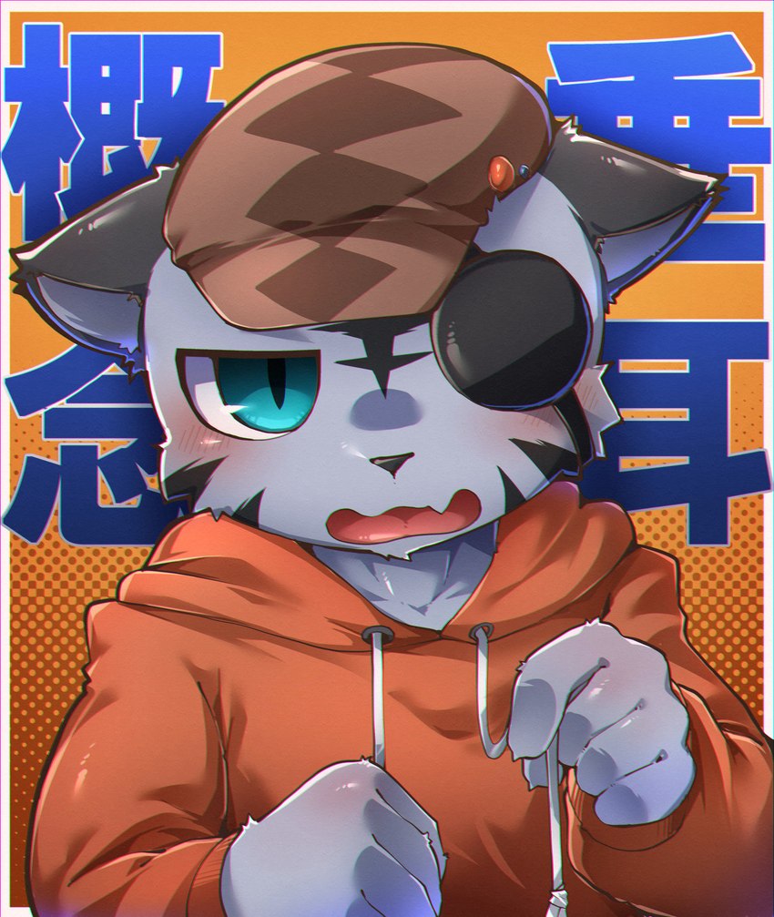 5_fingers anthro border claws clothing eye_patch eyewear fangs fingers fist fur grey_body grey_fur headgear headwear hoodie looking_at_viewer male open_mouth solo teeth text tongue topwear white_border young young_anthro young_male kemokemo02091 bemani konami pop'n_music kagetora_(pop'n_music) felid mammal pantherine 2024 absurd_res hi_res japanese_text translation_request