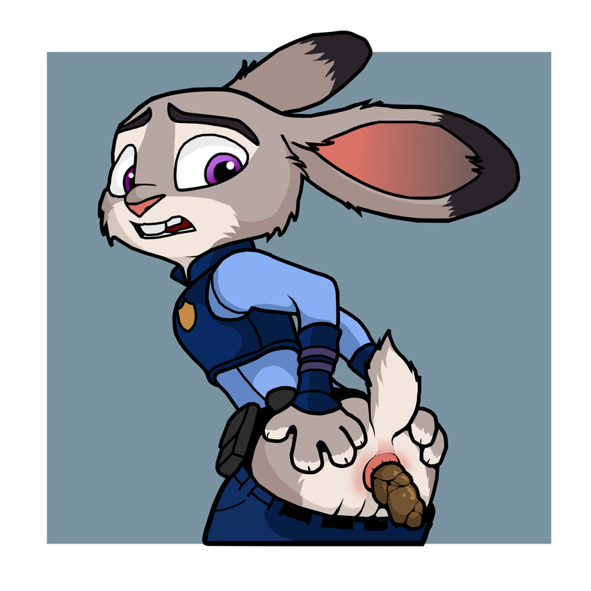 4_fingers anthro anus badge belt black_belt black_claws black_ear_tips black_ears black_eyebrows blue_background blue_bottomwear blue_clothing blue_pants blue_shirt blue_topwear blue_vest border bottomwear bottomwear_down breasts buckteeth butt claws clothed clothed_anthro clothed_female clothing countershading dipstick_ears ear_markings eyebrows feces female female_anthro female_pooping finger_claws fingers fur genitals glistening glistening_eyes grey_body grey_ears grey_fur grey_tail head_turned humanoid_genitalia humanoid_vulva leaning leaning_forward long_sleeves looking_back markings multicolored_body multicolored_ears multicolored_fur open_mouth pants pants_down partially_clothed pink_anus pink_inner_ear pink_nose police police_officer police_uniform pooping pupils purple_eyes scut_tail shirt short_tail simple_background small_breasts snout solo spread_butt spreading standing tail teeth topwear two_tone_body two_tone_ears two_tone_fur two_tone_tail uniform utility_belt vest vulva white_body white_border white_fur white_tail white_vulva sim_son disney zootopia judy_hopps lagomorph leporid mammal rabbit 1:1 2026 absurd_res hi_res