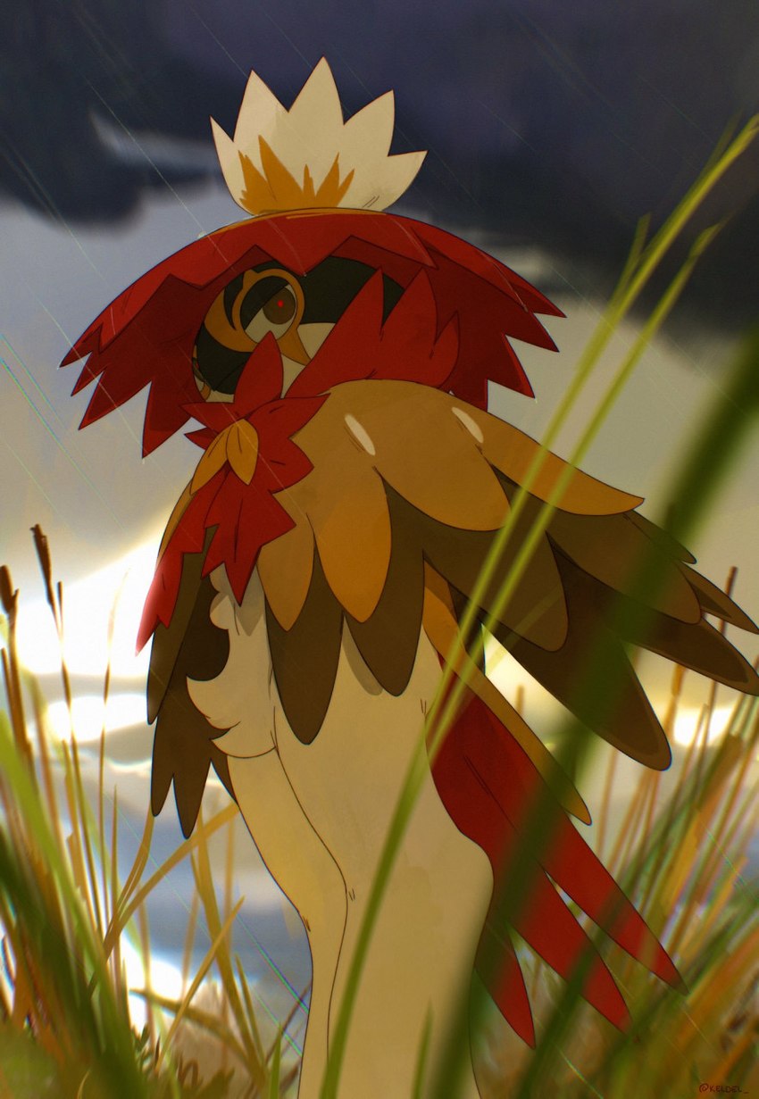 ambiguous_gender anthro beak brown_body brown_eyes brown_feathers cloak clothing cloud digitigrade facial_markings feather_tuft feathers folded grass head_feathers head_markings light light_beam looking_at_viewer low-angle_view markings plant pseudo_hat pupils raining red_body red_feathers red_pupils red_tail_feathers sky solo standing tail tail_feathers tuft white_body worm's-eye_view kel-del nintendo pokemon avian generation_8_pokemon hisuian_decidueye hisuian_form pokemon_(species) regional_form_(pokemon) hi_res lighting shaded