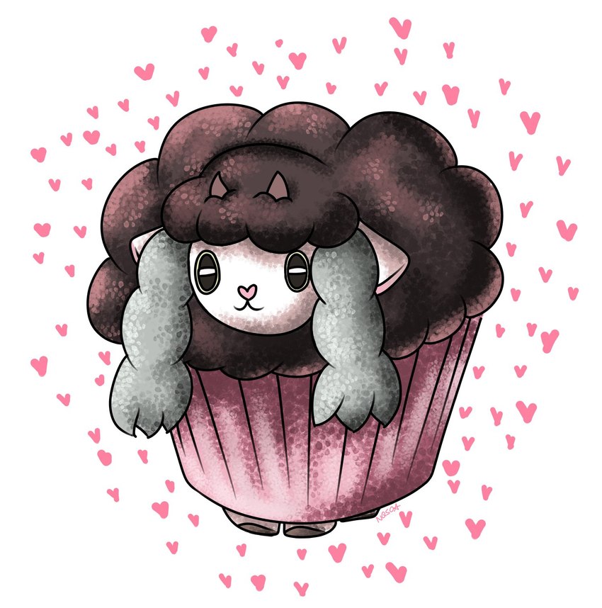 black_body black_fur black_wool cupcake female feral food fur heart_symbol horn rtgame solo wool_(fur) marvelturtles nintendo pokemon cupcake_(rtgame) generation_8_pokemon pokemon_(species) shiny_pokemon wooloo hi_res