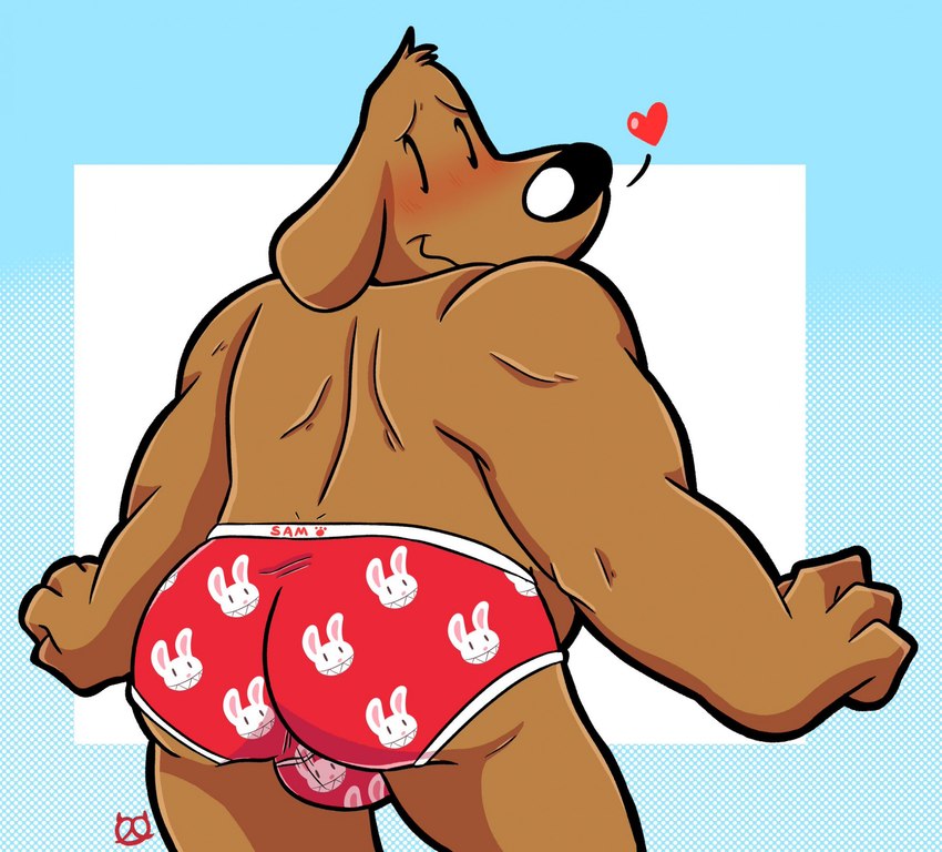 anthro black_nose blue_background blush briefs briefs_only brown_body brown_fur bulge bulge_from_behind butt clothed clothing colored_seam_underwear detailed_background embarrassed food fur heart_symbol male mature_anthro mature_male muscular muscular_male pretzel_(food) print_briefs print_clothing print_underwear red_briefs red_clothing red_underwear simple_background smile solo topless underwear underwear_only white_background white_seam_briefs white_seam_underwear pretzelgremlin sam_and_max max_(sam_and_max) samuel_dog canid canine canis domestic_dog mammal hi_res signature