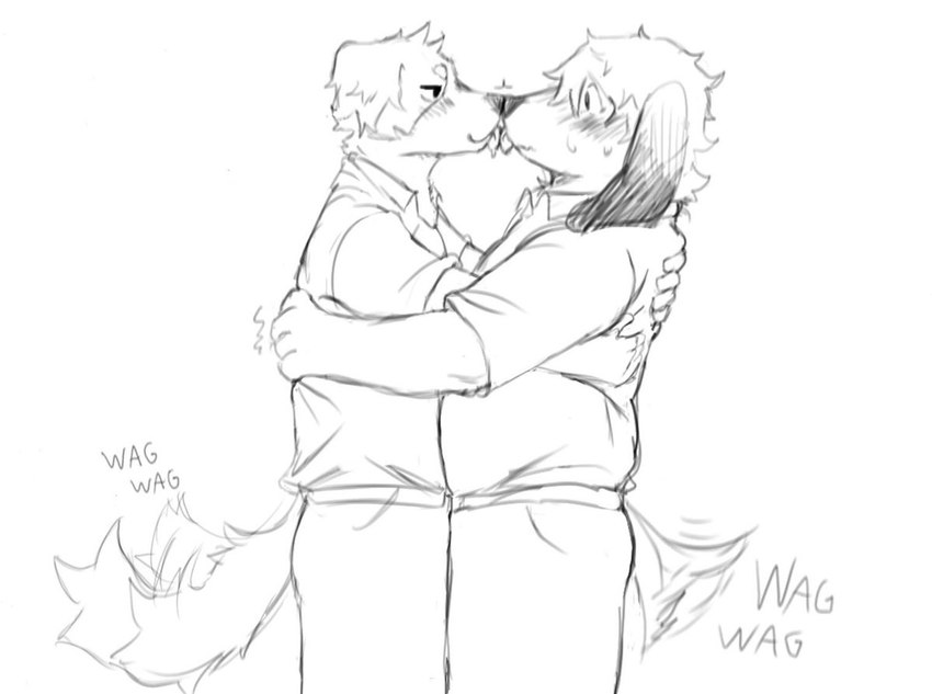 anthro belt blush boop bottomwear clothed clothing dress_shirt duo fully_clothed hug kissing licking_tongue male male/male nose_boop pants shirt standing tail tail_motion tailwag tongue tongue_out topwear thebenjimaru smell_(mucknagabe) joseph_(mucknagabe) noi_(mucknagabe) canid canine canis domestic_dog mammal 2024 monochrome