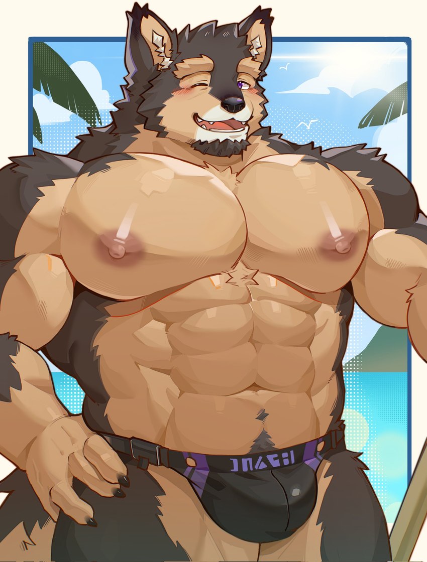 abs anthro beach blush brown_body brown_fur bulge clothing eyebrows fur male muscular muscular_anthro muscular_male nipples one_eye_closed pecs solo speedo swimwear thick_eyebrows wink edamrit lifewonders live_a_hero pubraseer canid canine canis domestic_dog mammal hi_res