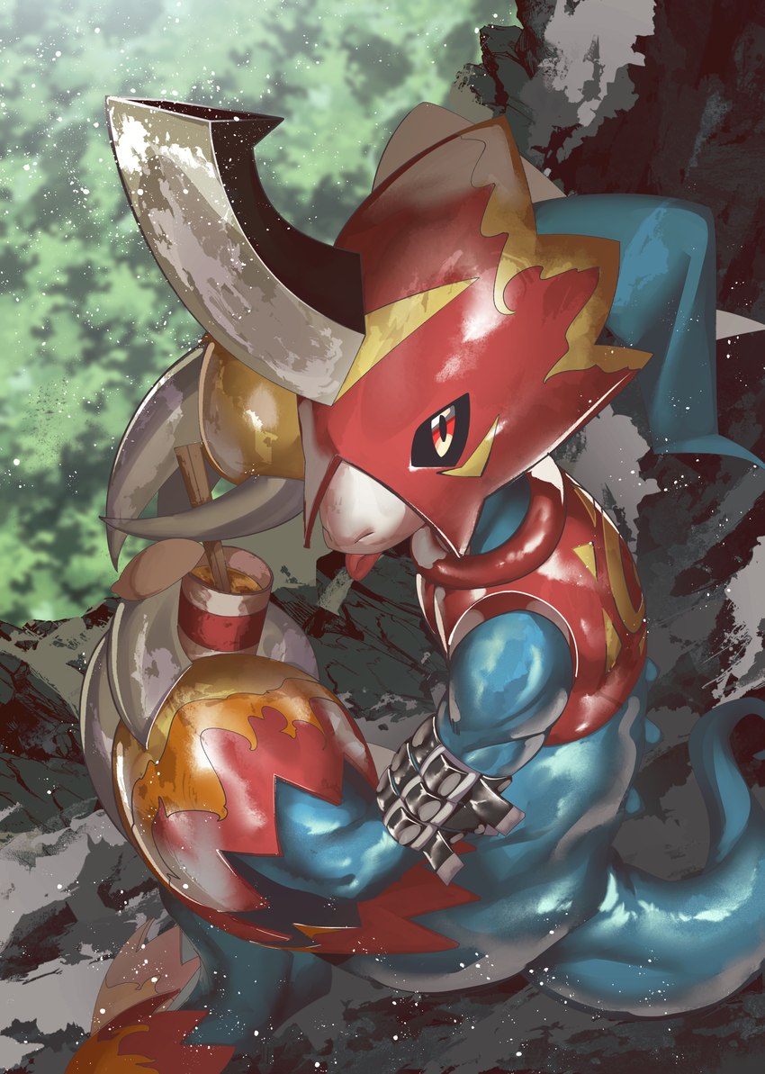 anthro armor athletic athletic_anthro athletic_male belt blue_body chopsticks eating food male noodles ramen red_eyes solo skink_hisshiss bandai_namco digimon digimon_(species) flamedramon scalie hi_res