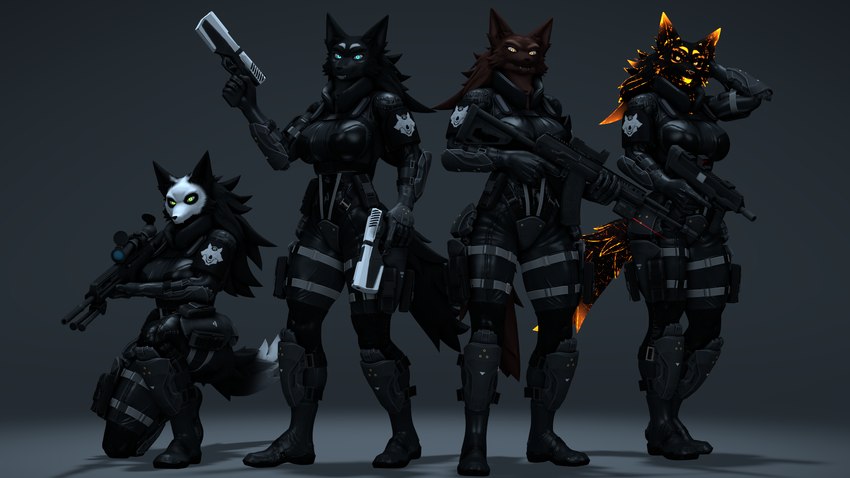 anthro assault_rifle black_body black_fur black_sclera blep blue_eyes bodypaint brown_body brown_eyes brown_fur dual_wielding face_paint female fur green_eyes group gun hand_on_head handgun holding_object holding_weapon kneeling looking_at_viewer military orange_eyes pistol pose ranged_weapon rifle simple_background skull_face_paint smile smiling_at_viewer sniper_rifle soldier submachine_gun tactical_gear tongue tongue_out warrior weapon thevestige mythology petruz_(copyright) canid canid_demon canine canis demon hellhound hybrid mammal mythological_canine mythological_creature wolfdog 16:9 3d_(artwork) digital_media_(artwork) hi_res source_filmmaker_(artwork) widescreen