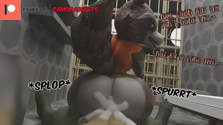 5_toes anal anal_penetration anthro big_butt big_penis bodily_fluids bottomless bottomless_anthro bottomless_male brown_body brown_fur butt clothed clothing countershade_butt countershading cum cum_in_ass cum_inside detailed_background dialogue duo ejaculation feet first_person_view fully_inside fur genital_fluids genitals inside looking_back lying male male/male male_anthro male_on_anthro male_on_top male_penetrated male_penetrating male_penetrating_male motion_lines multicolored_body multicolored_fur on_back on_bottom on_ground on_top onomatopoeia open_mouth orange_clothing orange_shirt orange_tank_top orange_topwear penetration penile penile_penetration penis power_bottom prison_cell raised_tail rear_view red_eyes reverse_cowgirl_position sex shirt size_difference smaller_on_top smaller_penetrated sound_effects tail tank_top teeth text toes topwear white_body white_countershading white_fur camseven guardians_of_the_galaxy marvel petruz_(copyright) lizard_(petruz) rocket_raccoon mammal procyonid raccoon scalie 16:9 2022 3d_(artwork) artist_name digital_media_(artwork) english_text hi_res widescreen