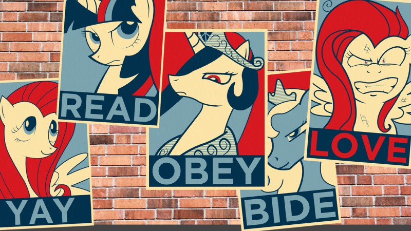 fluttershy, princess celestia, princess luna, and twilight sparkle (barack obama "hope" poster and etc) created by equestria-election