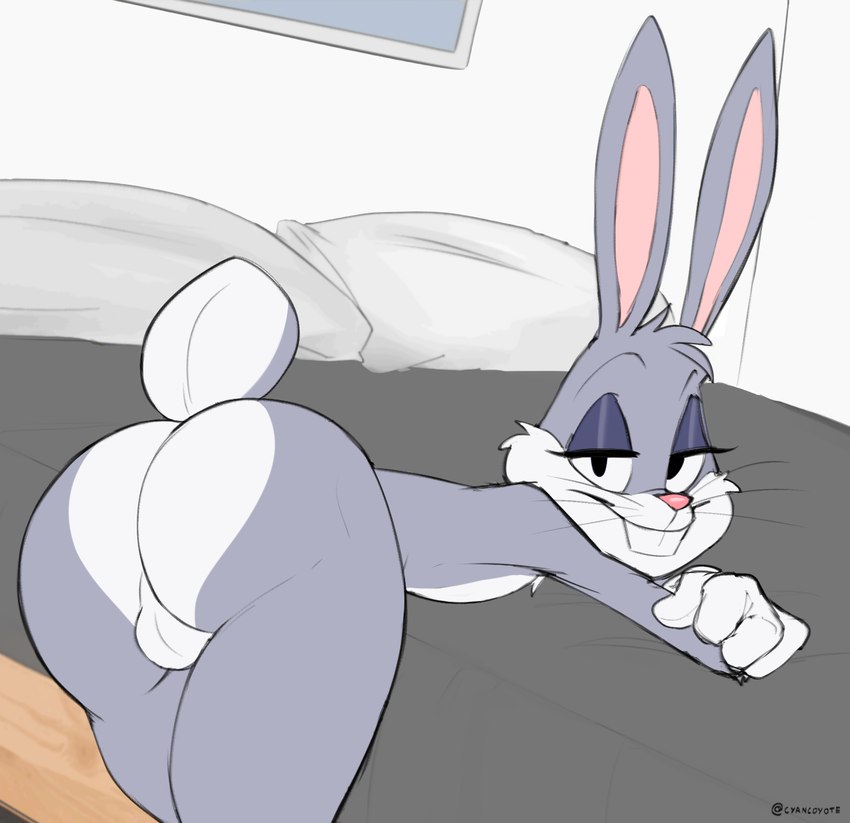 anthro arms_cross backsack balls bed bent_over big_butt buckteeth butt clothing fur furniture genitals gloves grey_body grey_fur half-closed_eyes handwear long_ears male narrowed_eyes on_bed seductive solo teeth whiskers cyancoyote looney_tunes warner_brothers bugs_bunny lagomorph leporid mammal rabbit hi_res