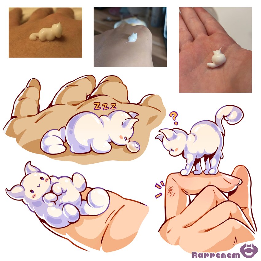 5_fingers ambiguous_gender bodily_fluids bubble duo feral fingers quadruped question_mark size_difference sleeping smile snot snot_bubble sound_effects tail vowelless vowelless_sound_effect zzz rappenem felid feline goo_creature human mammal 1:1 absurd_res hi_res reference_image
