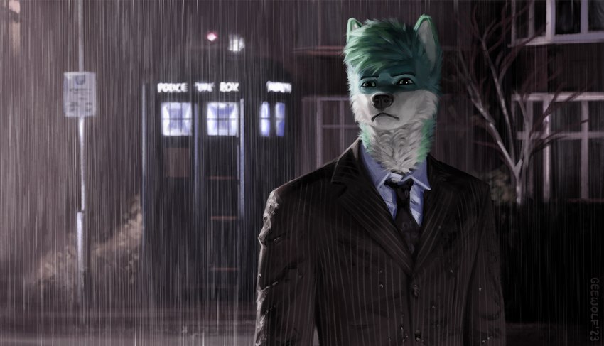 anthro clothing electronics fluffy hair male neckfluff phone plant raining solo suit suit_and_tie tree geewolf british_broadcasting_corporation doctor_who canid canine canis mammal wolf 2023 digital_media_(artwork)