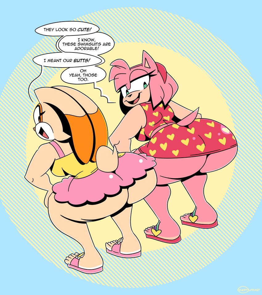 anthro bent_over big_butt butt clothed clothing dialogue duo female hair huge_butt looking_back open_mouth open_smile pink_body pink_hair smile swimwear text ineptoutcast_(artist) sega sonic_the_hedgehog_(series) amy_rose cream_the_rabbit eulipotyphlan hedgehog lagomorph leporid mammal rabbit absurd_res english_text hi_res