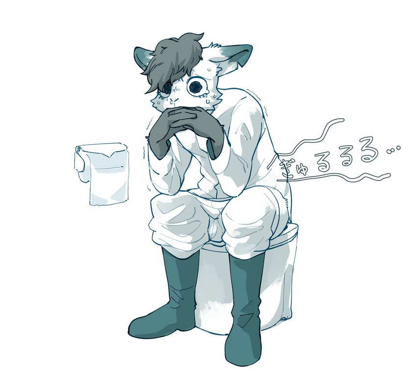 anthro bodily_fluids boots bottomwear bottomwear_down clothed clothing footwear hair male nervous pants pants_down partially_clothed sad shaking shirt shoes simple_background solo tears text toilet toilet_paper toilet_use topwear trembling white_background torasansousaku_(artist) lagomorph leporid mammal rabbit 2022 hi_res japanese_description japanese_text