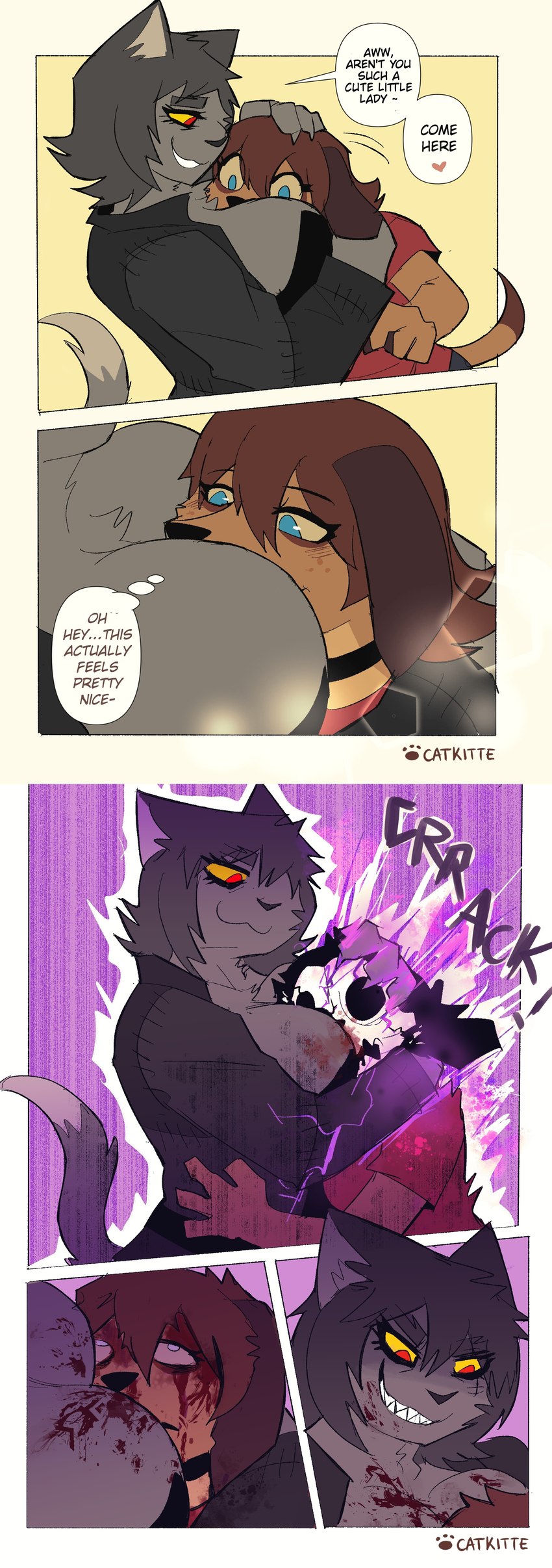anthro blood bodily_fluids bone booby_trap breast_squish breasts comforting cracks crossgender dead_eyes death dialogue duo evil_grin female gore inner_monologue mtf_crossgender skull smile smirk snuff squish text thinking catkitte ugly_cat_(catkitte) canid canine canis domestic_cat domestic_dog felid feline felis mammal 2022 absurd_res comic digital_drawing_(artwork) digital_media_(artwork) english_text hi_res signature