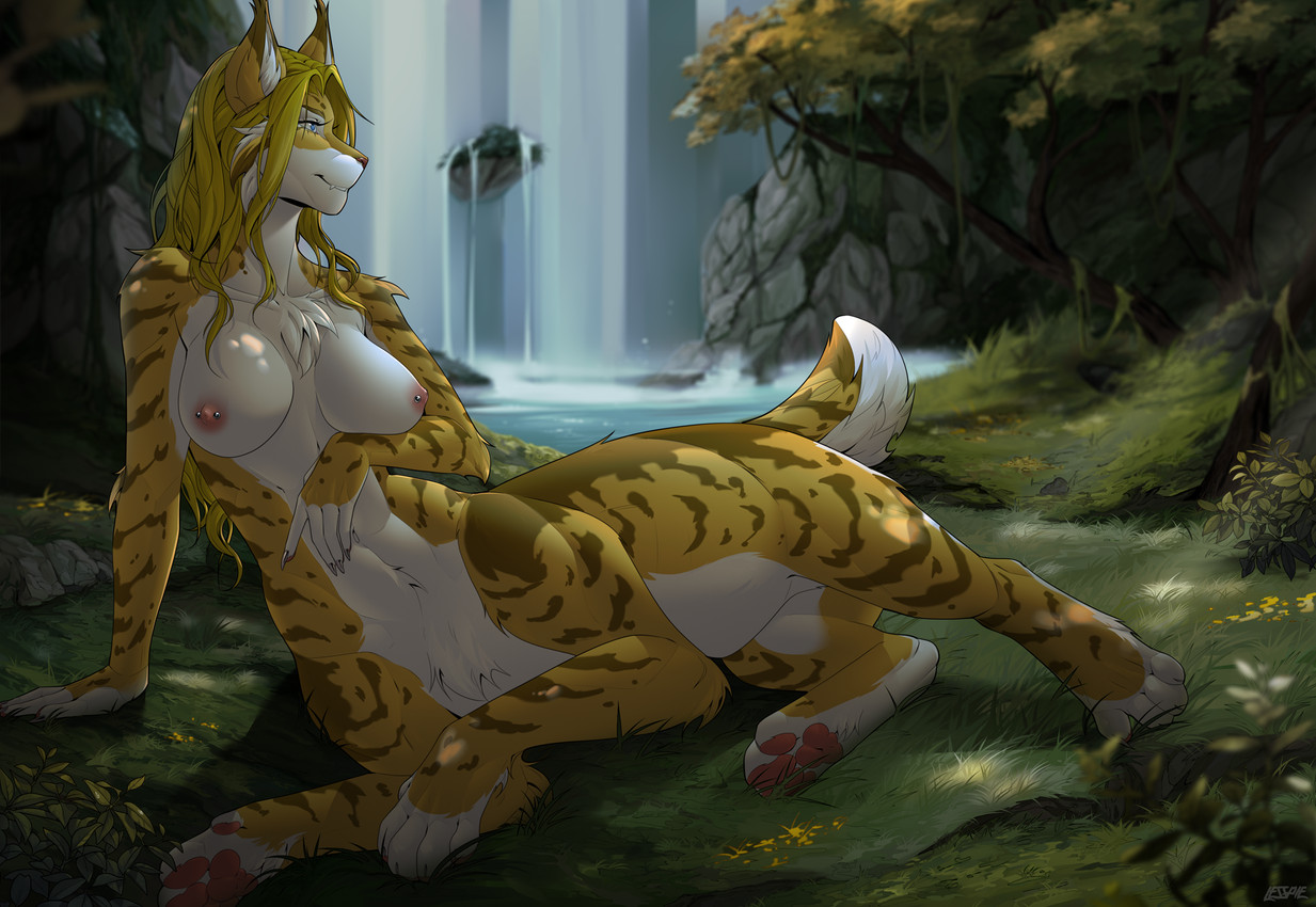 areola big_breasts blonde_hair breasts brown_stripes cheek_tuft chest_tuft claws collarbone facial_tuft female fur grass hair inner_ear_fluff leaf long_hair lying navel nipple_piercing nipples nude on_ground on_side outside pawpads piercing pink_areola pink_nipples pink_nose pink_pawpads plant short_tail smile solo striped_body striped_fur stripes tail tree tuft waterfall white_body white_claws white_fur yellow_body yellow_fur lesspie shorttail chakat felid felid_taur feline feline_taur lynx lynx_taur mammal mammal_taur taur 2024 colored digital_drawing_(artwork) digital_media_(artwork) hi_res shaded