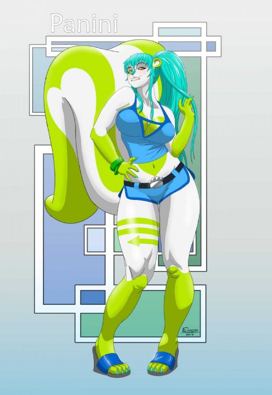 anthro biped bottomwear breasts clothed clothing directional_arrow female midriff miniskirt navel skirt solo standing einom mammal mephitid skunk striped_skunk hi_res