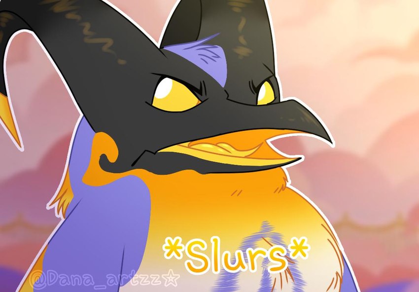 colored_fur eyebrows horn male sky solo text yellow_eyes dana_artzz hazbin_hotel helluva_boss adam_(hazbin_hotel) avian bird penguin meme subtitled watermark