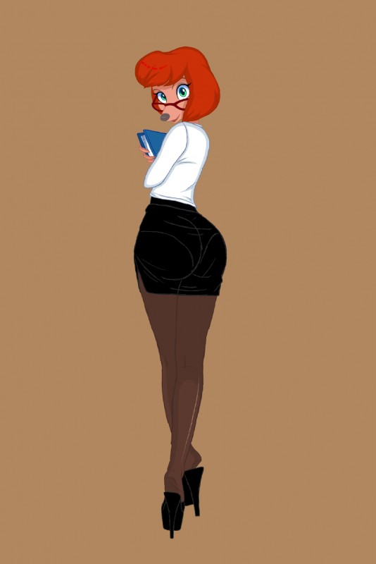 anthro big_butt big_eyes biped book bottomwear butt clothed clothing eyewear female footwear glasses hair heelpop high_heels legwear long_legs loose_footwear mature_anthro mature_female panty_lines pencil_skirt pose red_hair shoes skirt solo standing stockings cocaine-leopard conditional_dnp disney goof_troop sylvia_marpole canid canine canis domestic_dog mammal hi_res pinup